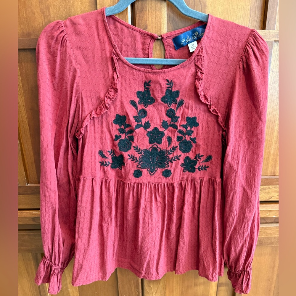 Blue Rain Burgundy Blouse with Black Floral Design
